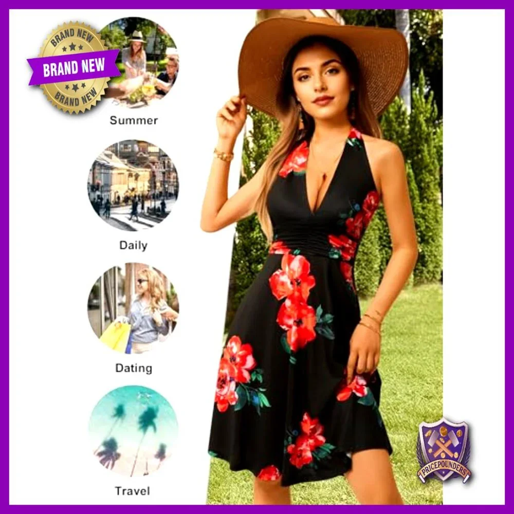 Sleeveless Halter Sundress with Pocket Elastic Waist Ruffle Mini Dress - Picture 5 of 7